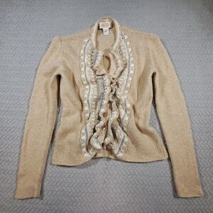 Talbots Beige Ruffled Cardigan with Cream & Light Blue Trim